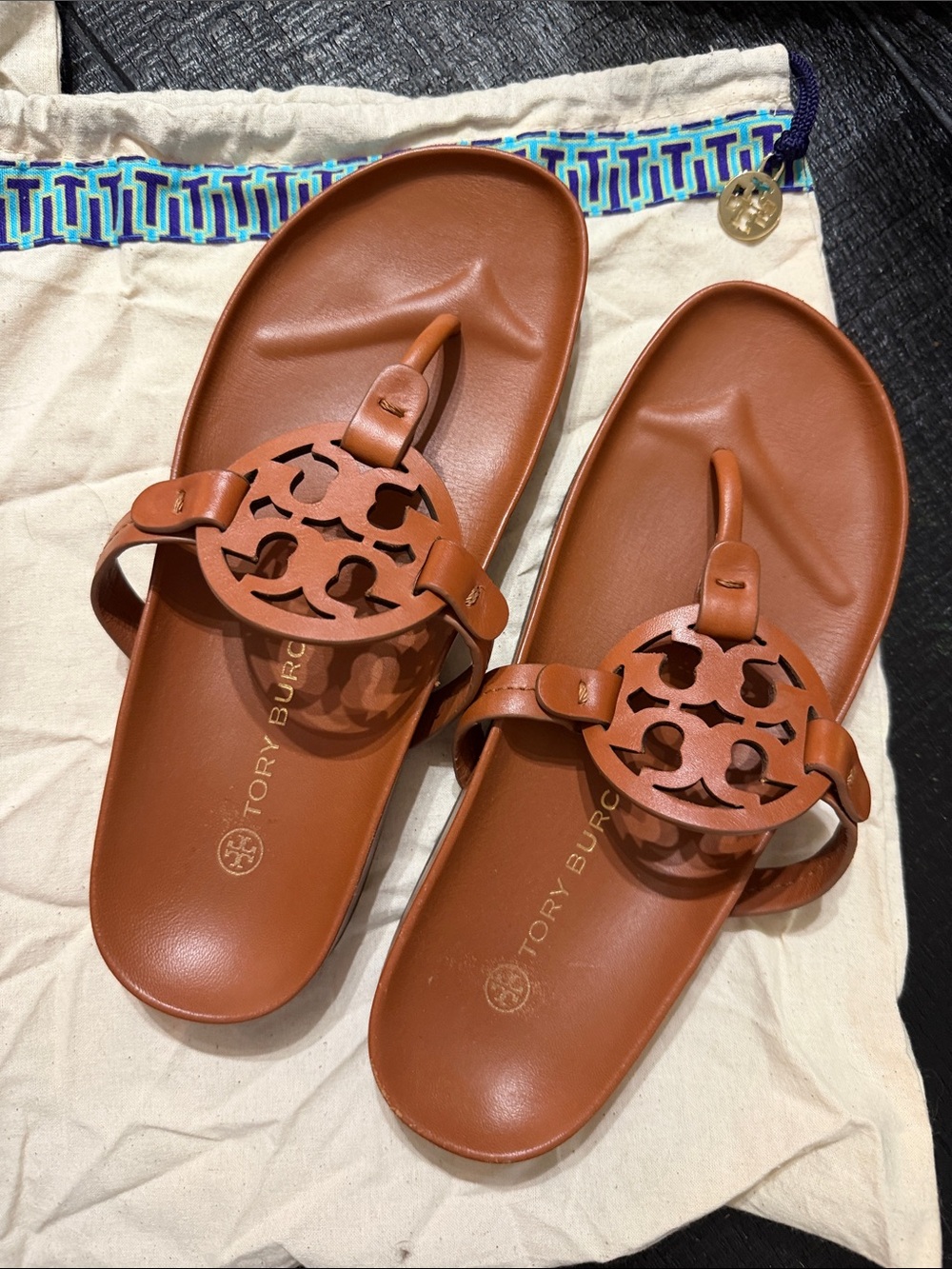 Tory Burch Brown Miller Leather Toe-Post Sandals - Picture 3 of 3